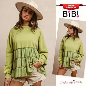 BiBi Long Sleeves Tiered Design French Terry Woven Mixed Ruffle Top | Lt Olive